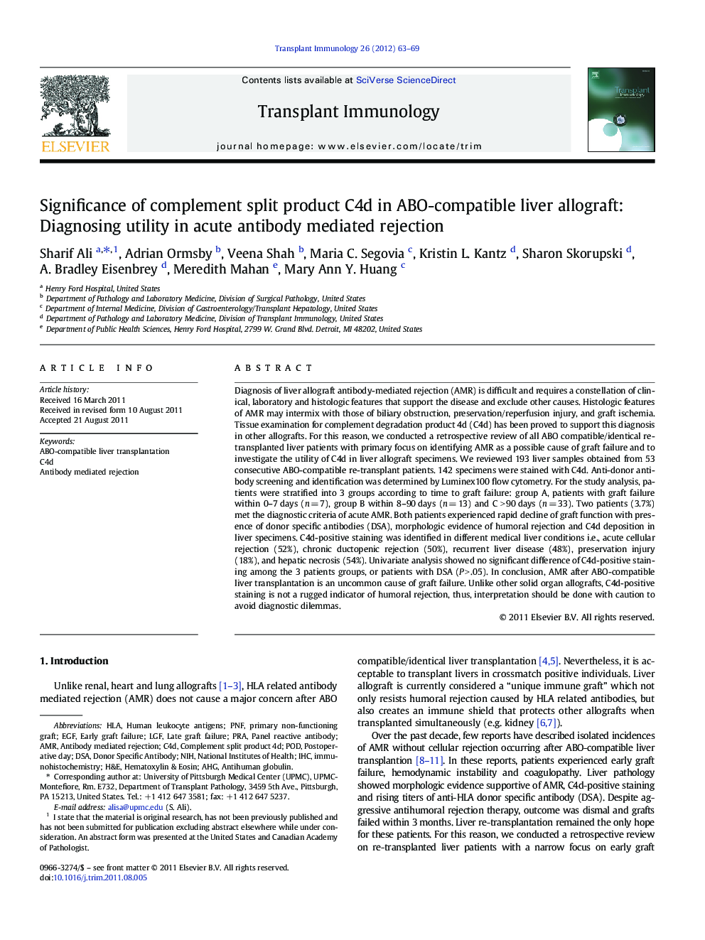 Significance of complement split product C4d in ABO-compatible liver allograft: Diagnosing utility in acute antibody mediated rejection