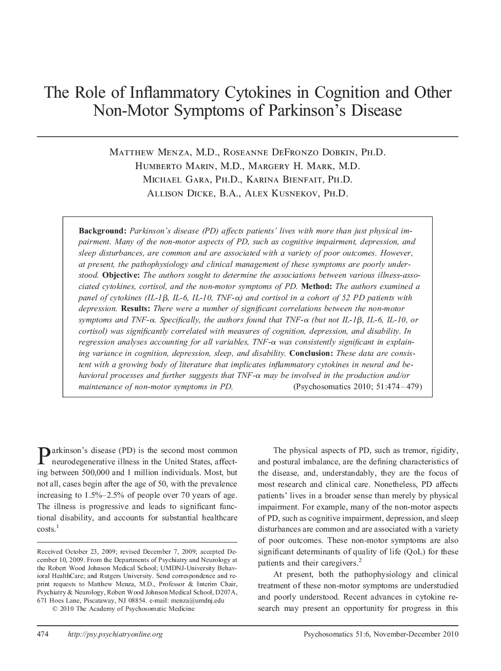 The Role of Inflammatory Cytokines in Cognition and Other Non-Motor Symptoms of Parkinson’s Disease