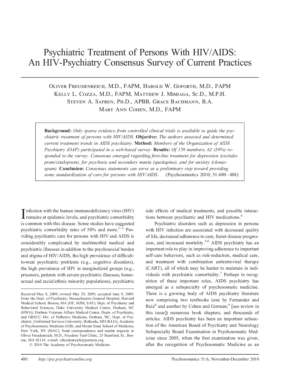 Psychiatric Treatment of Persons With HIV/AIDS: An HIV-Psychiatry Consensus Survey of Current Practices