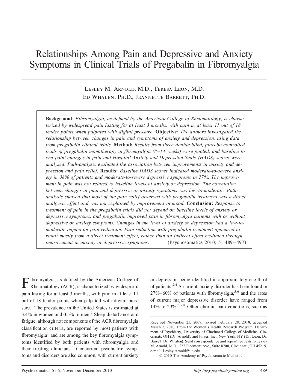 Relationships Among Pain and Depressive and Anxiety Symptoms in Clinical Trials of Pregabalin in Fibromyalgia