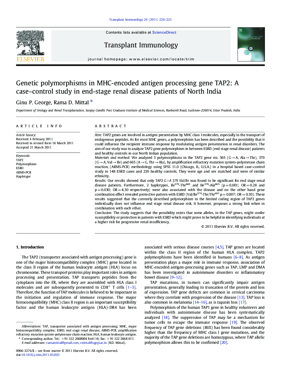 Genetic polymorphisms in MHC-encoded antigen processing gene TAP2: A case–control study in end-stage renal disease patients of North India