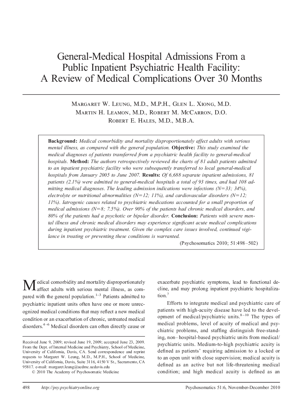 General-Medical Hospital Admissions From a Public Inpatient Psychiatric Health Facility: A Review of Medical Complications Over 30 Months