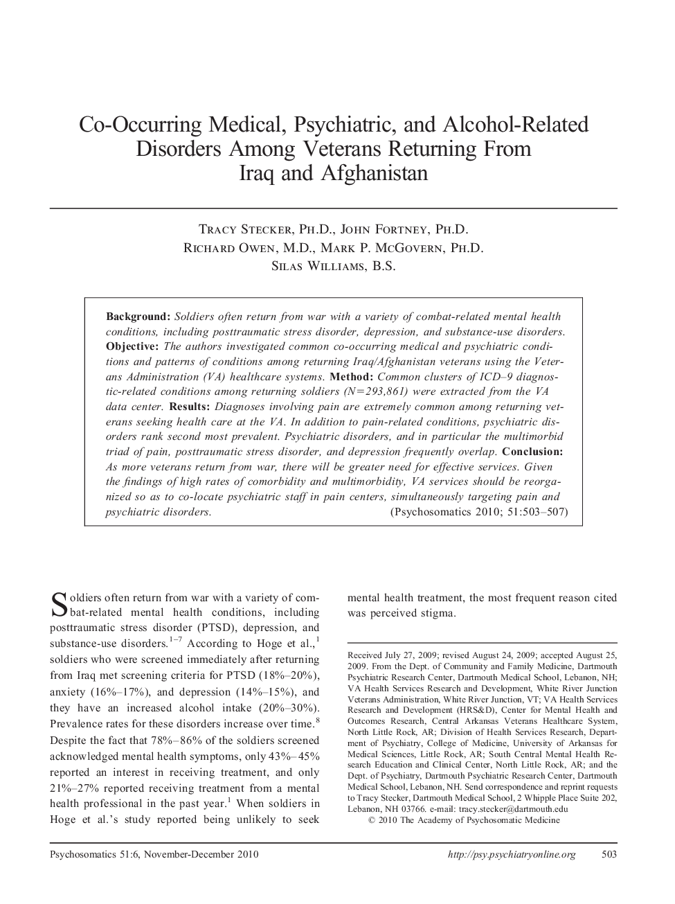 Co-Occurring Medical, Psychiatric, and Alcohol-Related Disorders Among Veterans Returning From Iraq and Afghanistan