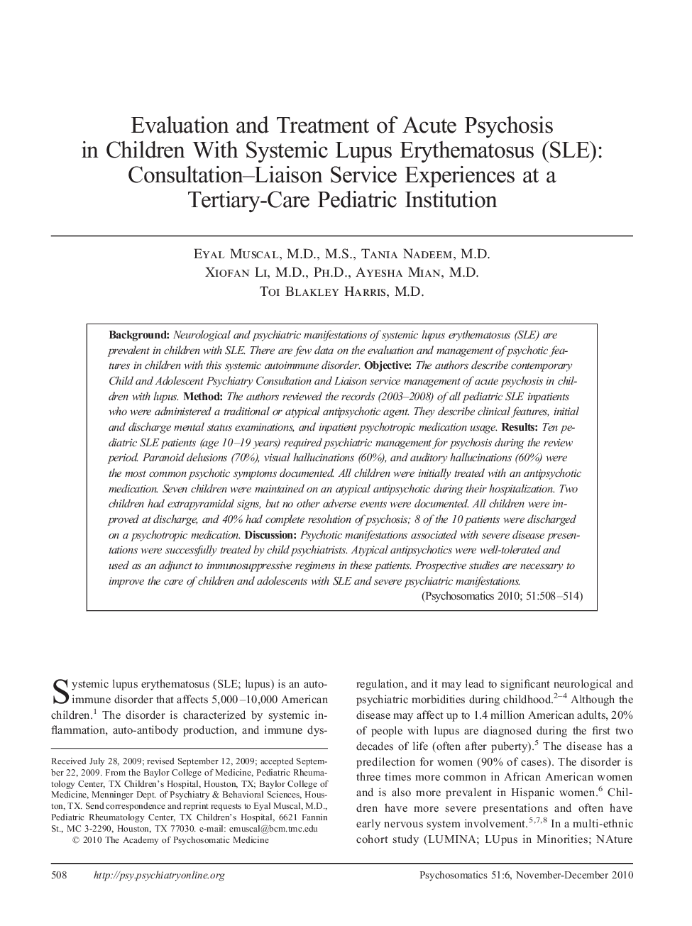 Evaluation and Treatment of Acute Psychosis in Children With Systemic Lupus Erythematosus (SLE): Consultation–Liaison Service Experiences at a Tertiary-Care Pediatric Institution