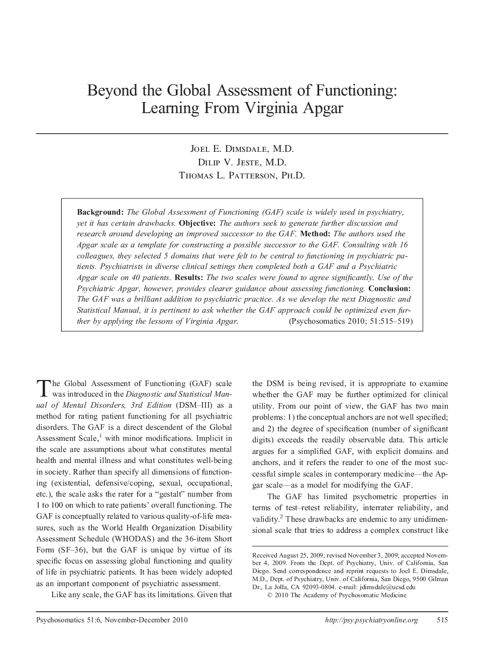 Beyond the Global Assessment of Functioning: Learning From Virginia Apgar