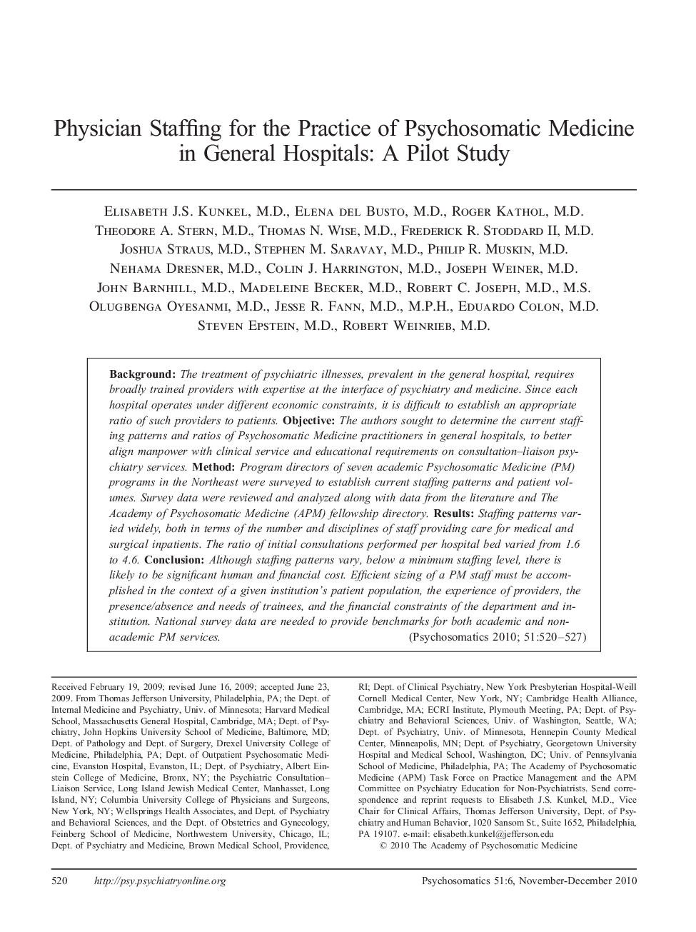 Physician Staffing for the Practice of Psychosomatic Medicine in General Hospitals: A Pilot Study 