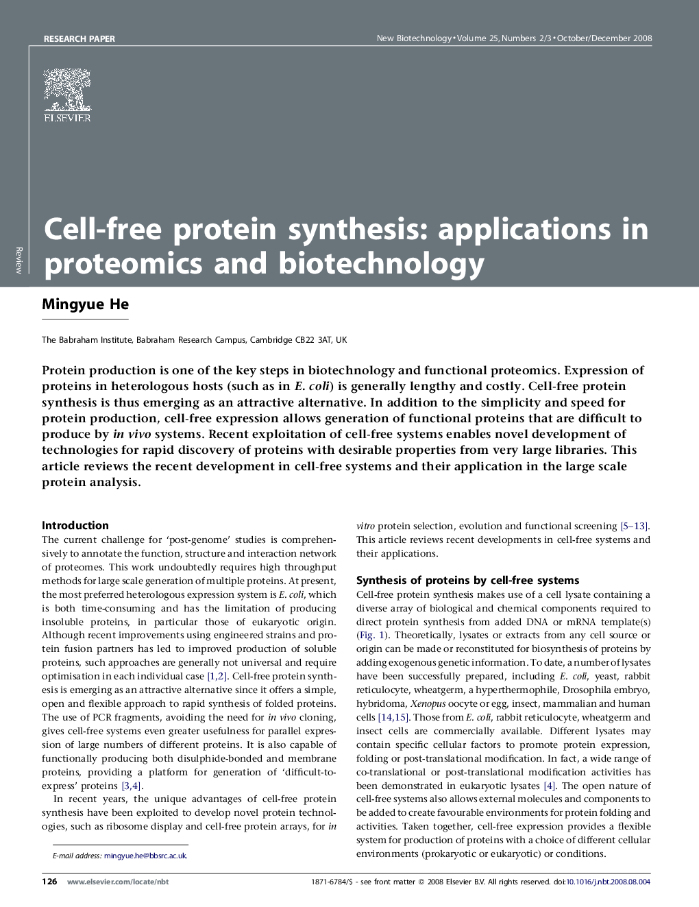 Cell-free protein synthesis: applications in proteomics and biotechnology