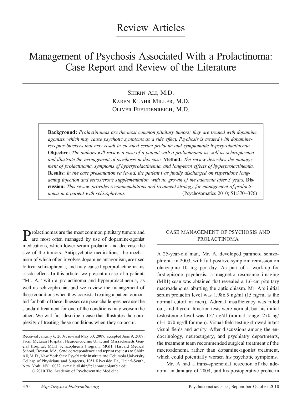 Management of Psychosis Associated With a Prolactinoma: Case Report and Review of the Literature