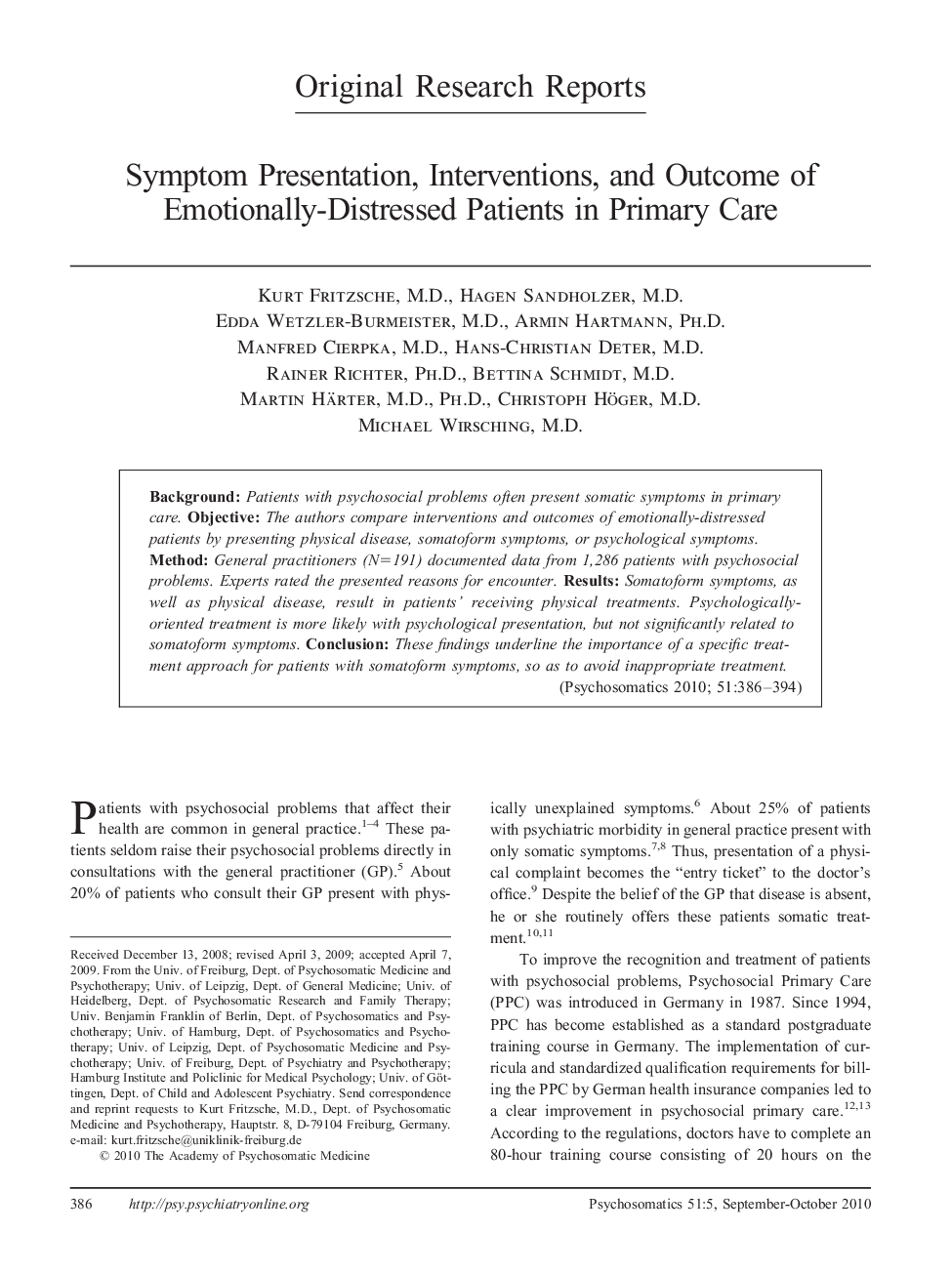 Symptom Presentation, Interventions, and Outcome of Emotionally-Distressed Patients in Primary Care