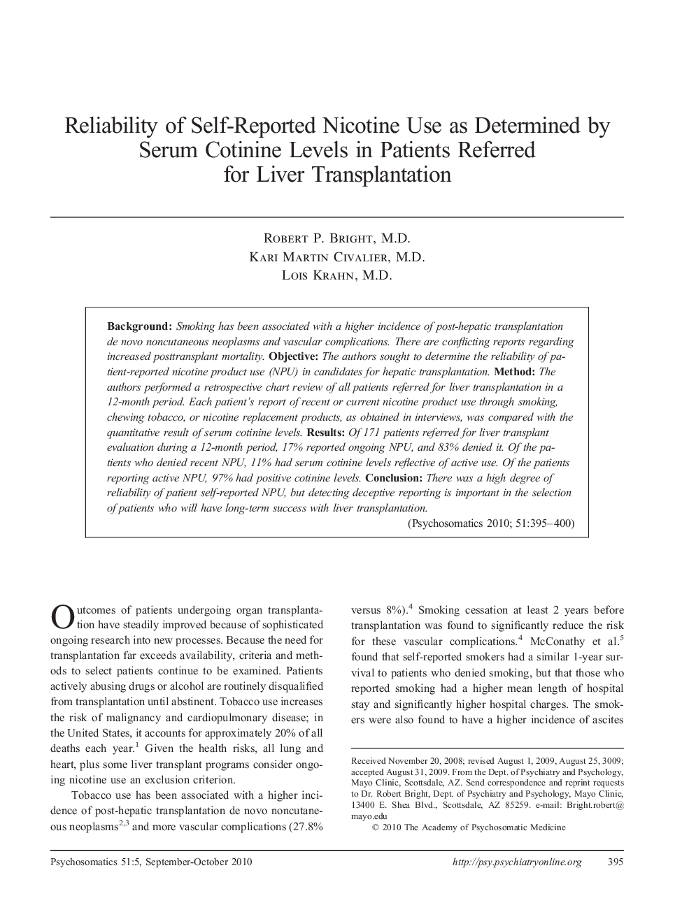 Reliability of Self-Reported Nicotine Use as Determined by Serum Cotinine Levels in Patients Referred for Liver Transplantation