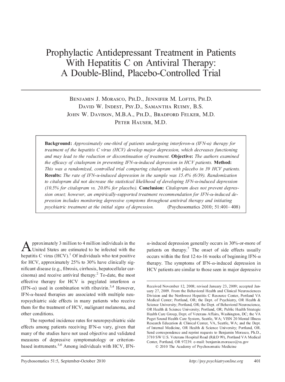 Prophylactic Antidepressant Treatment in Patients With Hepatitis C on Antiviral Therapy: A Double-Blind, Placebo-Controlled Trial