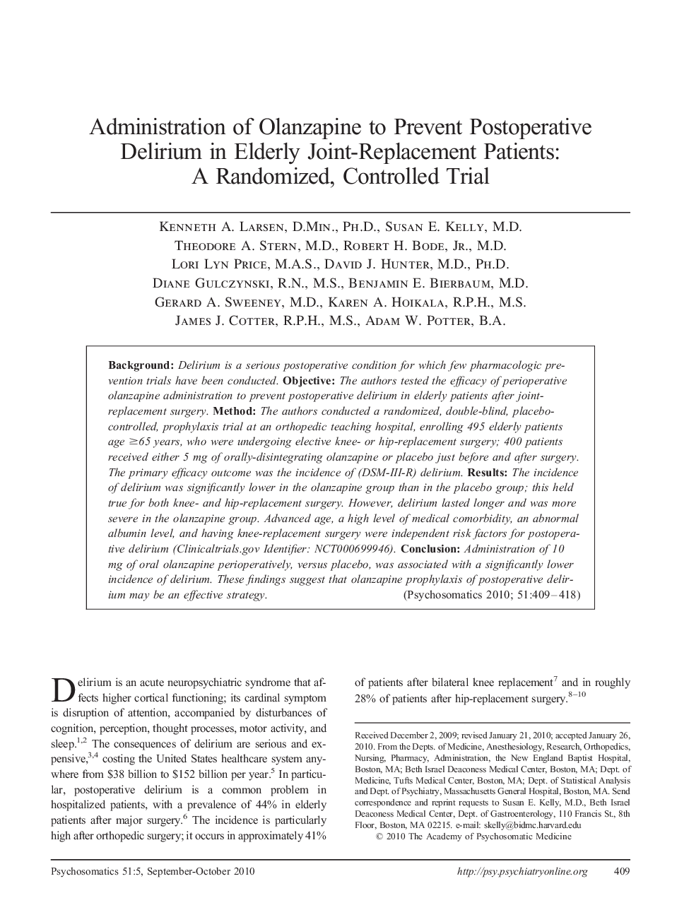 Administration of Olanzapine to Prevent Postoperative Delirium in Elderly Joint-Replacement Patients: A Randomized, Controlled Trial