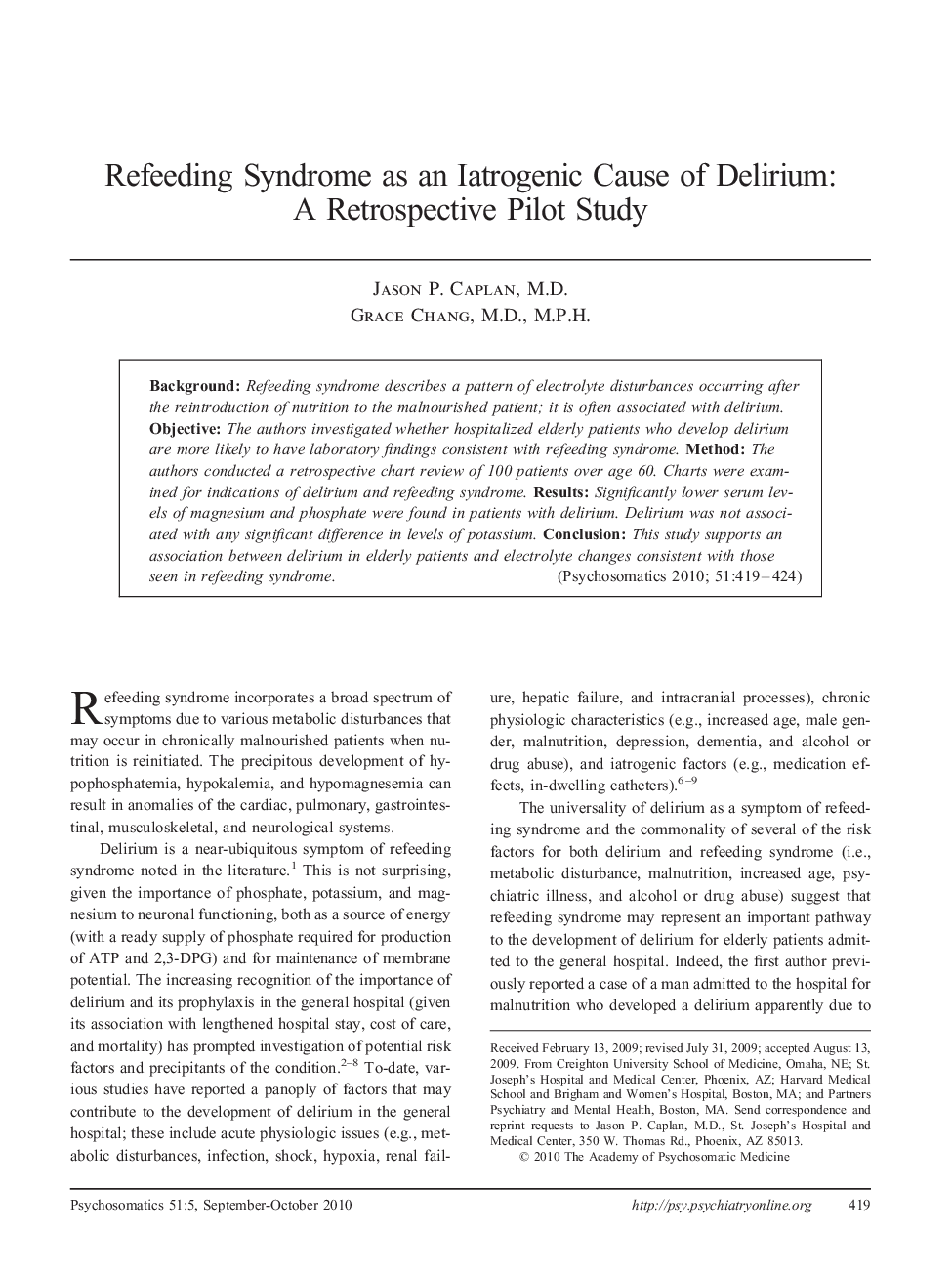Refeeding Syndrome as an Iatrogenic Cause of Delirium: A Retrospective Pilot Study
