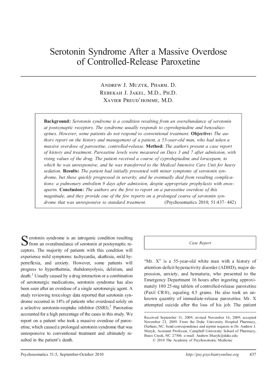 Serotonin Syndrome After a Massive Overdose of Controlled-Release Paroxetine