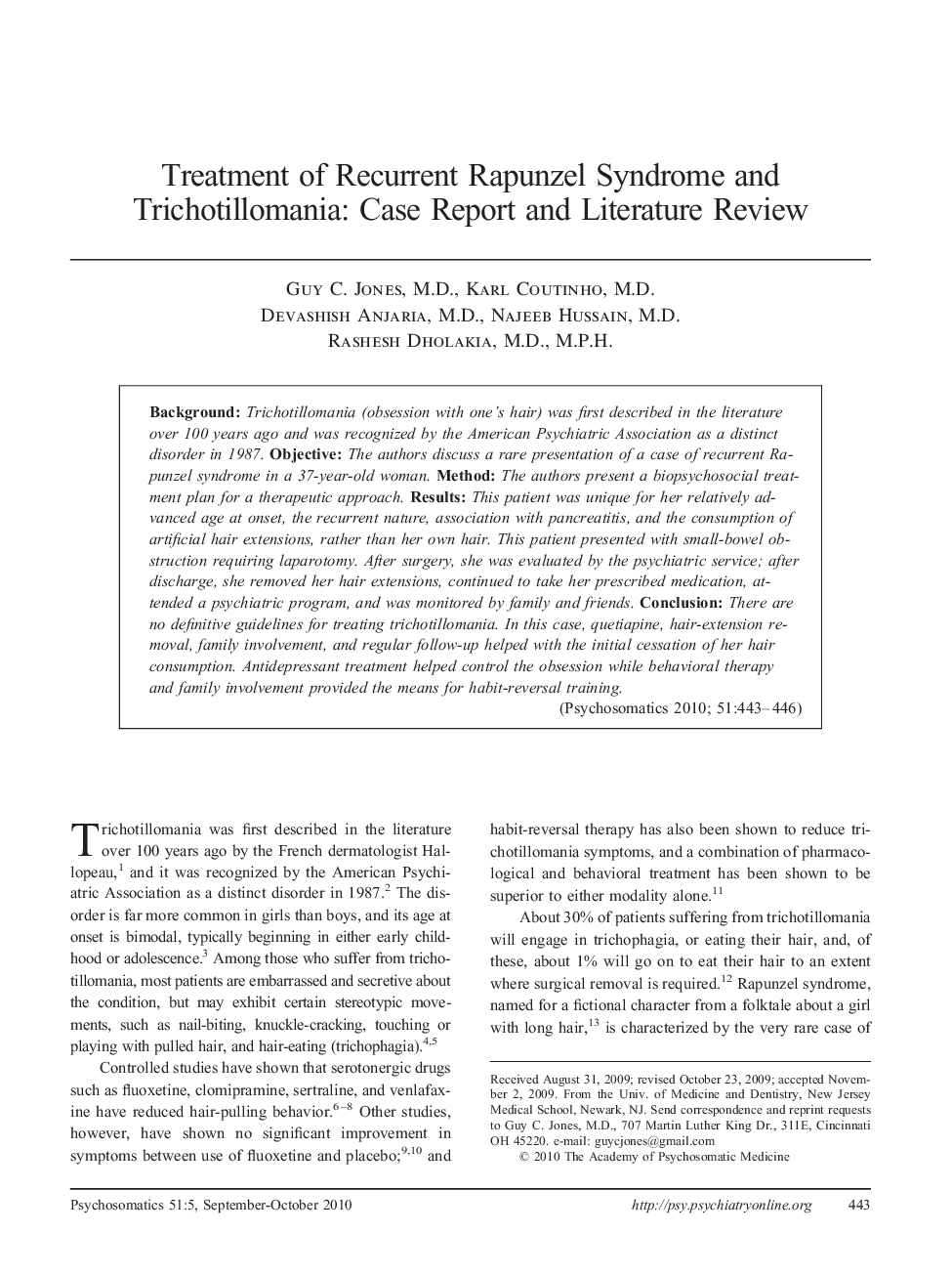 Treatment of Recurrent Rapunzel Syndrome and Trichotillomania: Case Report and Literature Review