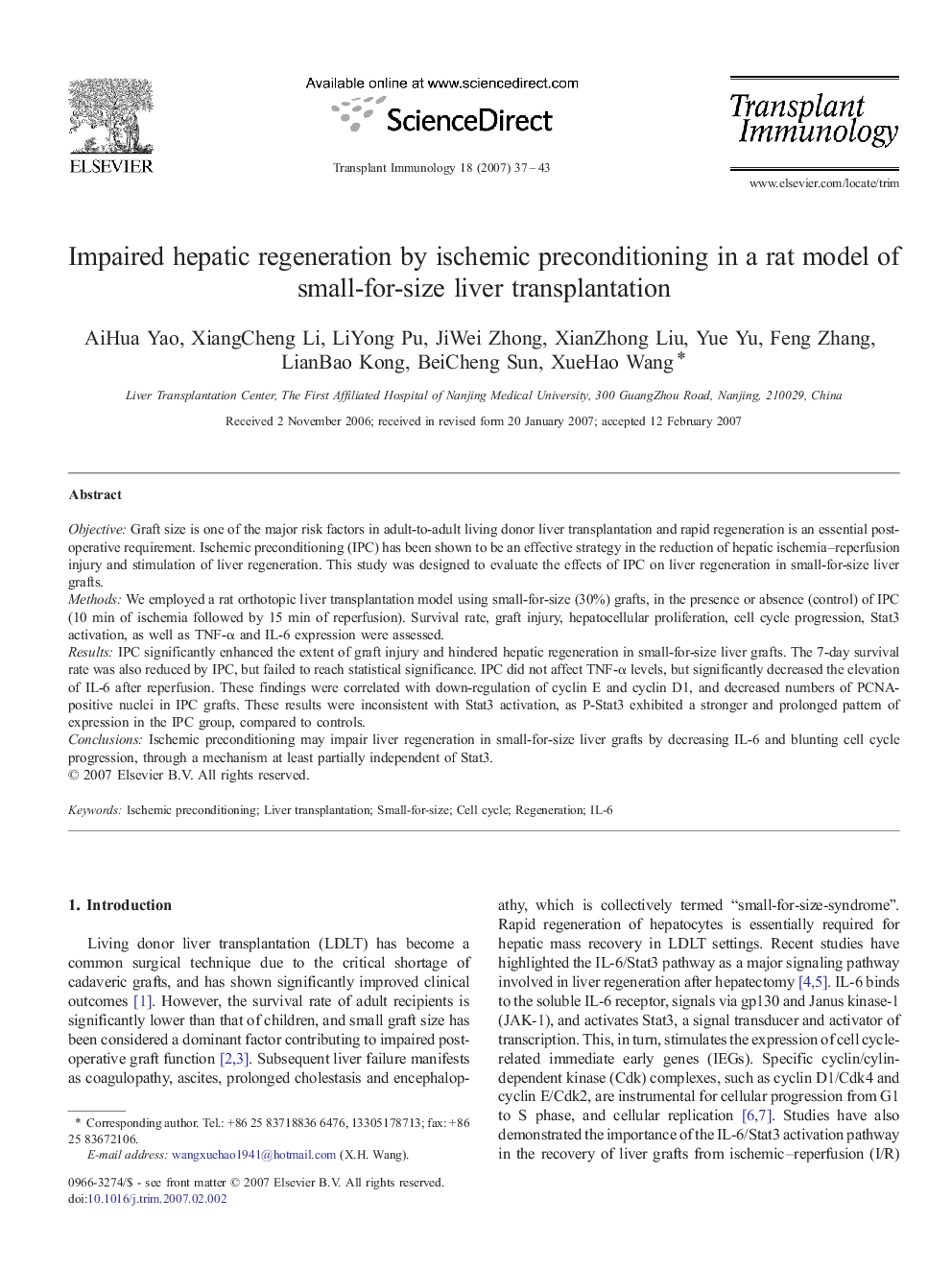 Impaired hepatic regeneration by ischemic preconditioning in a rat model of small-for-size liver transplantation