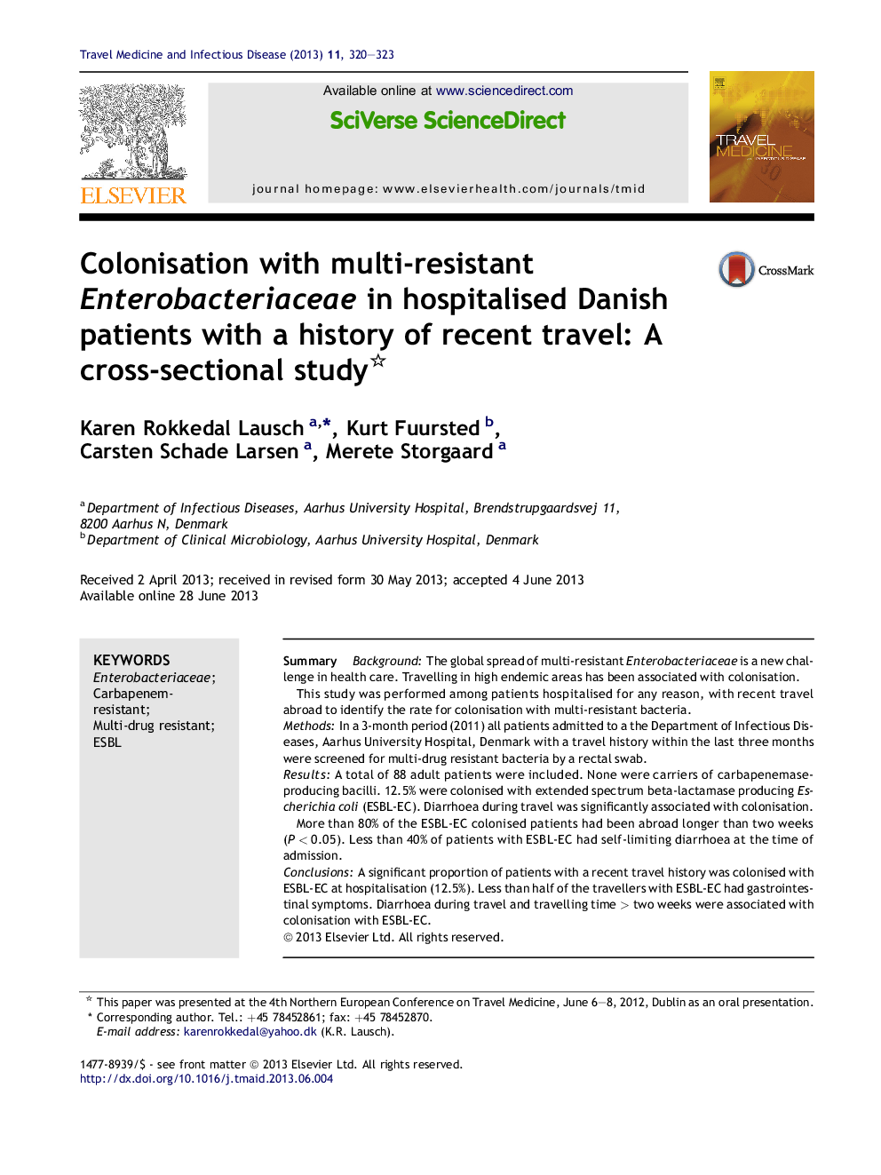 Colonisation with multi-resistant Enterobacteriaceae in hospitalised Danish patients with a history of recent travel: A cross-sectional study 