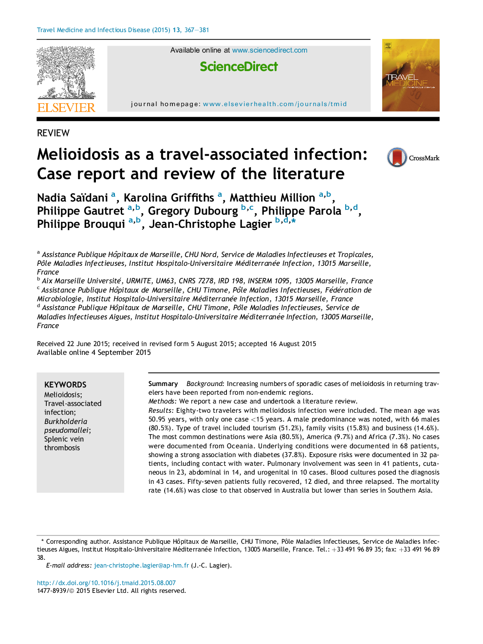 Melioidosis as a travel-associated infection: Case report and review of the literature