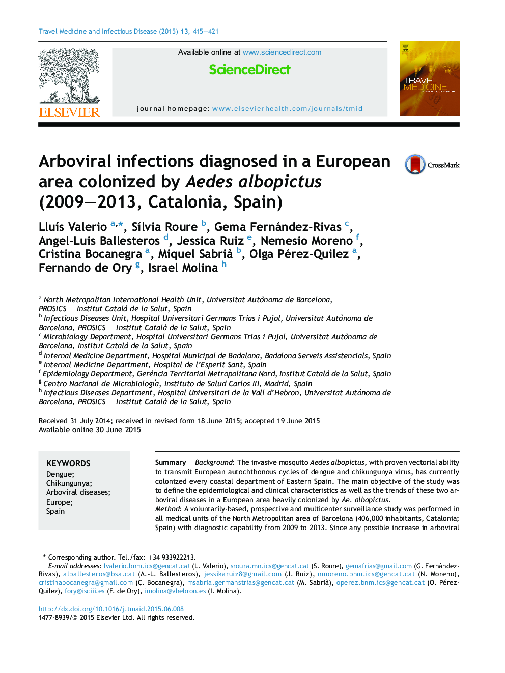 Arboviral infections diagnosed in a European area colonized by Aedes albopictus (2009–2013, Catalonia, Spain)