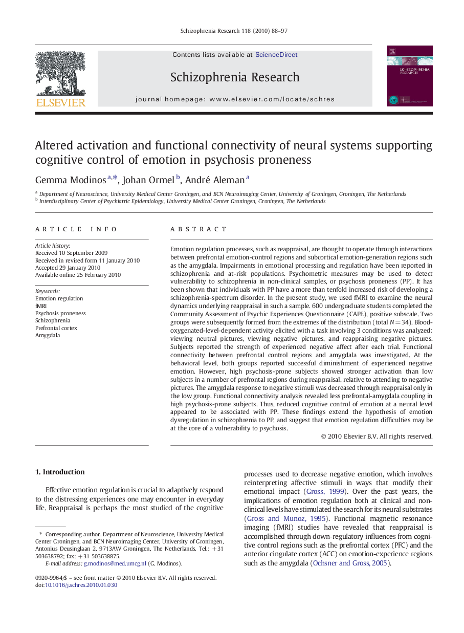 Altered activation and functional connectivity of neural systems supporting cognitive control of emotion in psychosis proneness