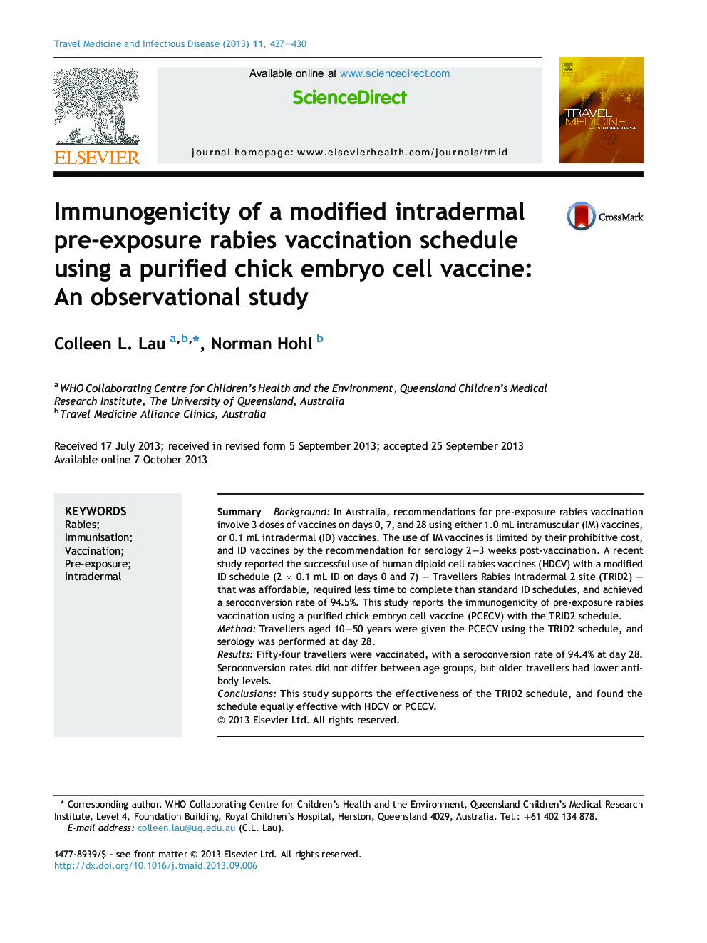 Immunogenicity of a modified intradermal pre-exposure rabies vaccination schedule using a purified chick embryo cell vaccine: An observational study