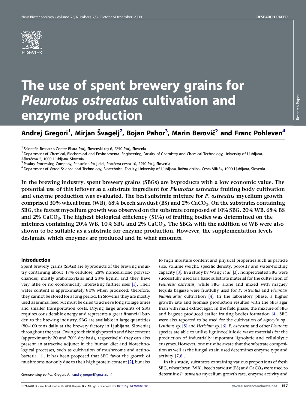 The use of spent brewery grains for Pleurotus ostreatus cultivation and enzyme production