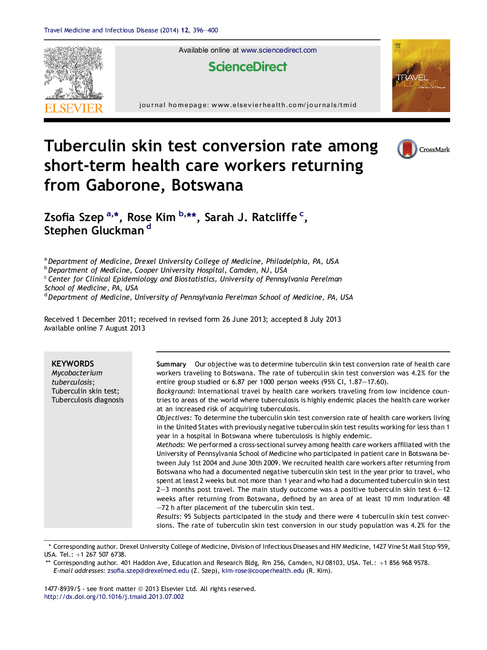 Tuberculin skin test conversion rate among short-term health care workers returning from Gaborone, Botswana