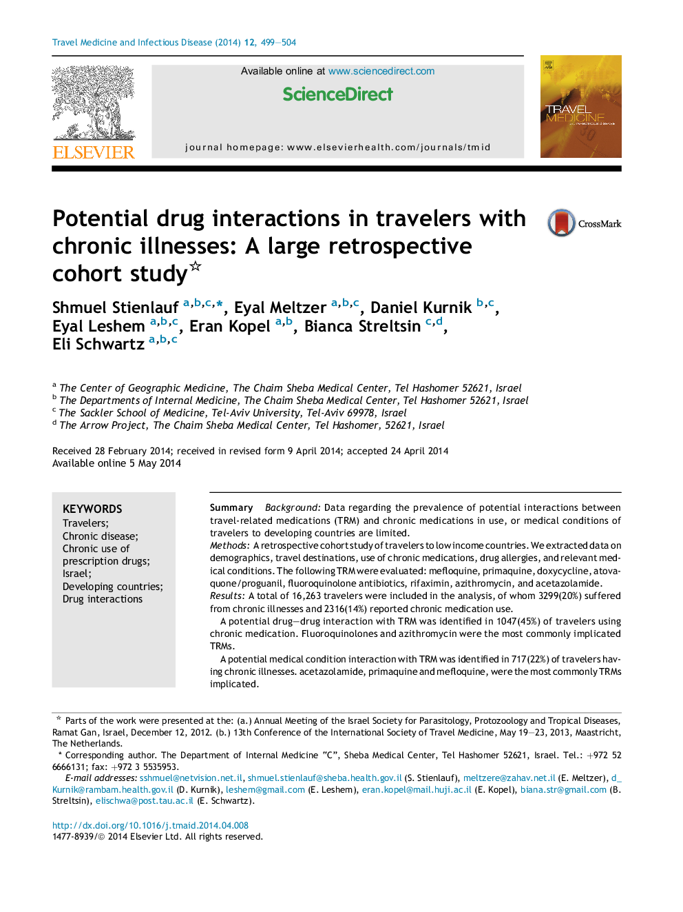 Potential drug interactions in travelers with chronic illnesses: A large retrospective cohort study 