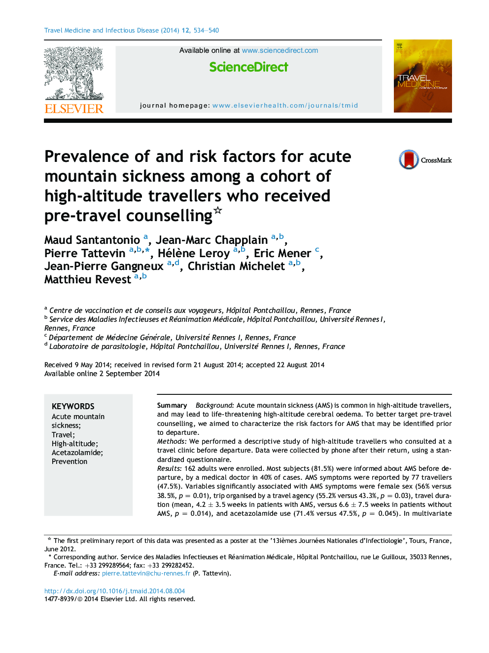 Prevalence of and risk factors for acute mountain sickness among a cohort of high-altitude travellers who received pre-travel counselling 