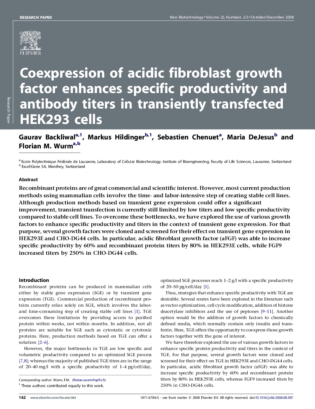 Coexpression of acidic fibroblast growth factor enhances specific productivity and antibody titers in transiently transfected HEK293 cells