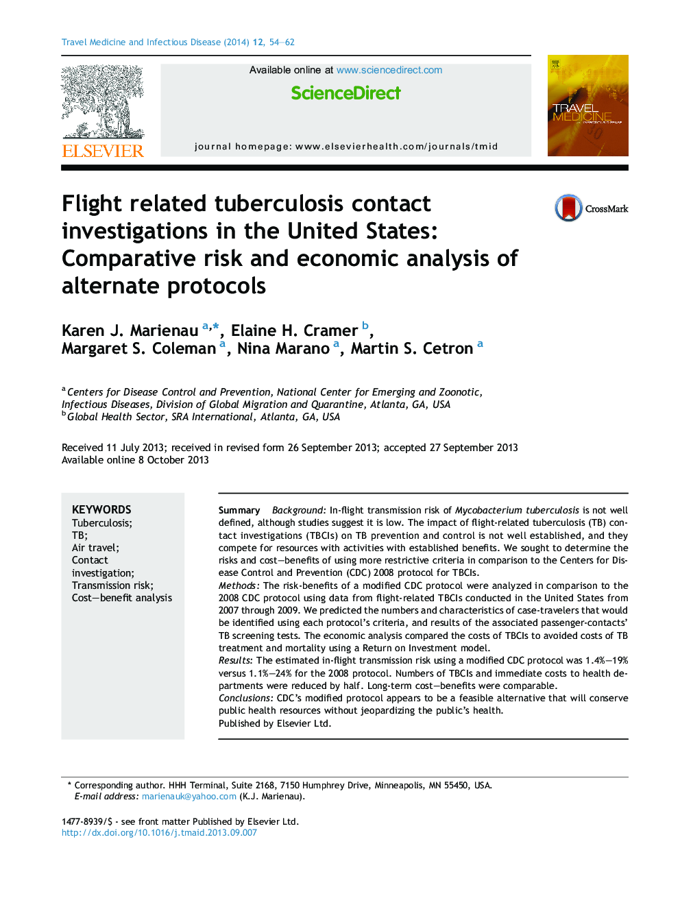 Flight related tuberculosis contact investigations in the United States: Comparative risk and economic analysis of alternate protocols