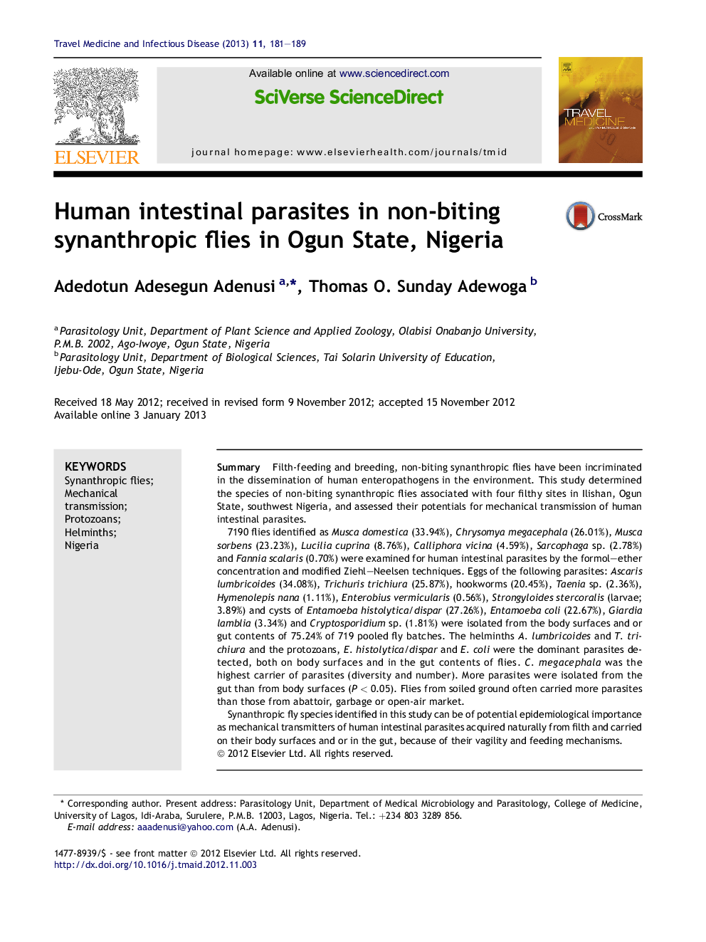 Human intestinal parasites in non-biting synanthropic flies in Ogun State, Nigeria