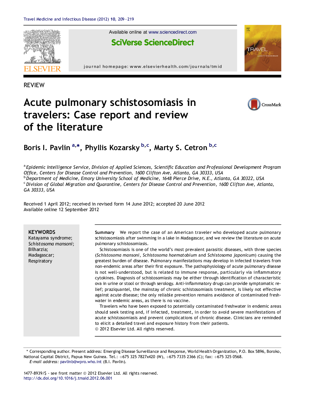 Acute pulmonary schistosomiasis in travelers: Case report and review of the literature