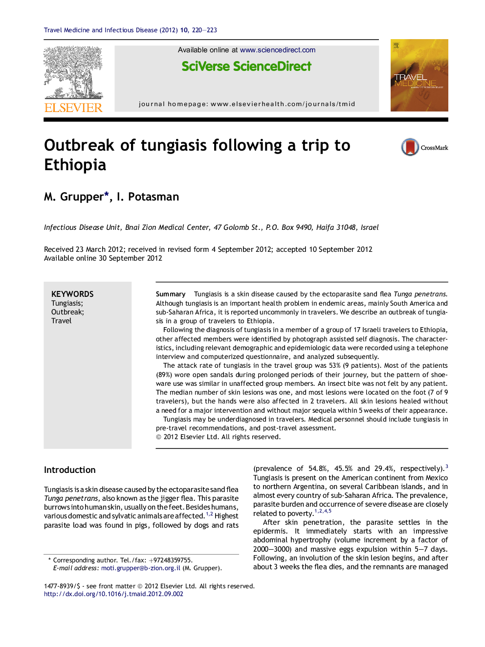 Outbreak of tungiasis following a trip to Ethiopia