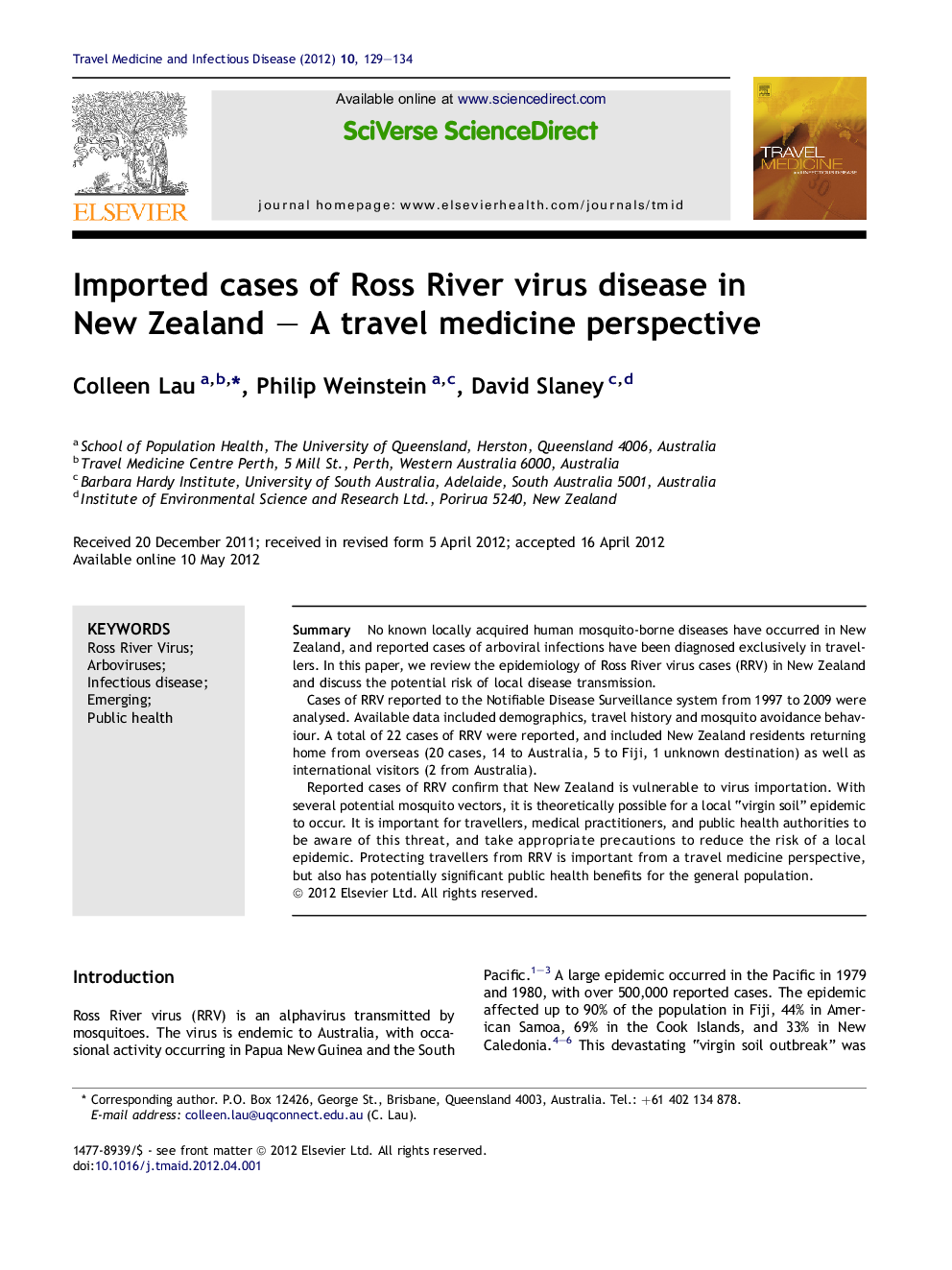 Imported cases of Ross River virus disease in New Zealand – A travel medicine perspective