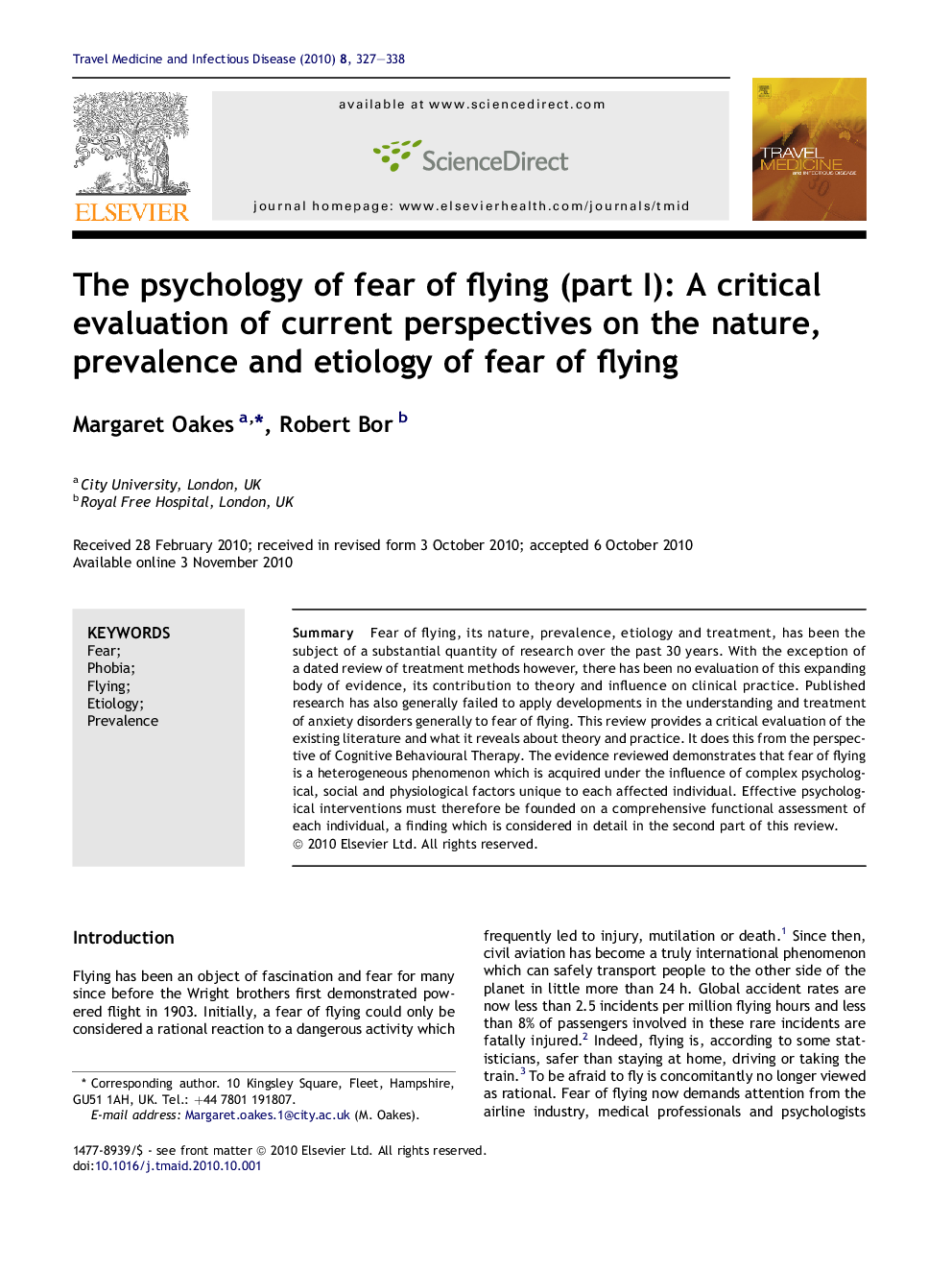 The psychology of fear of flying (part I): A critical evaluation of current perspectives on the nature, prevalence and etiology of fear of flying