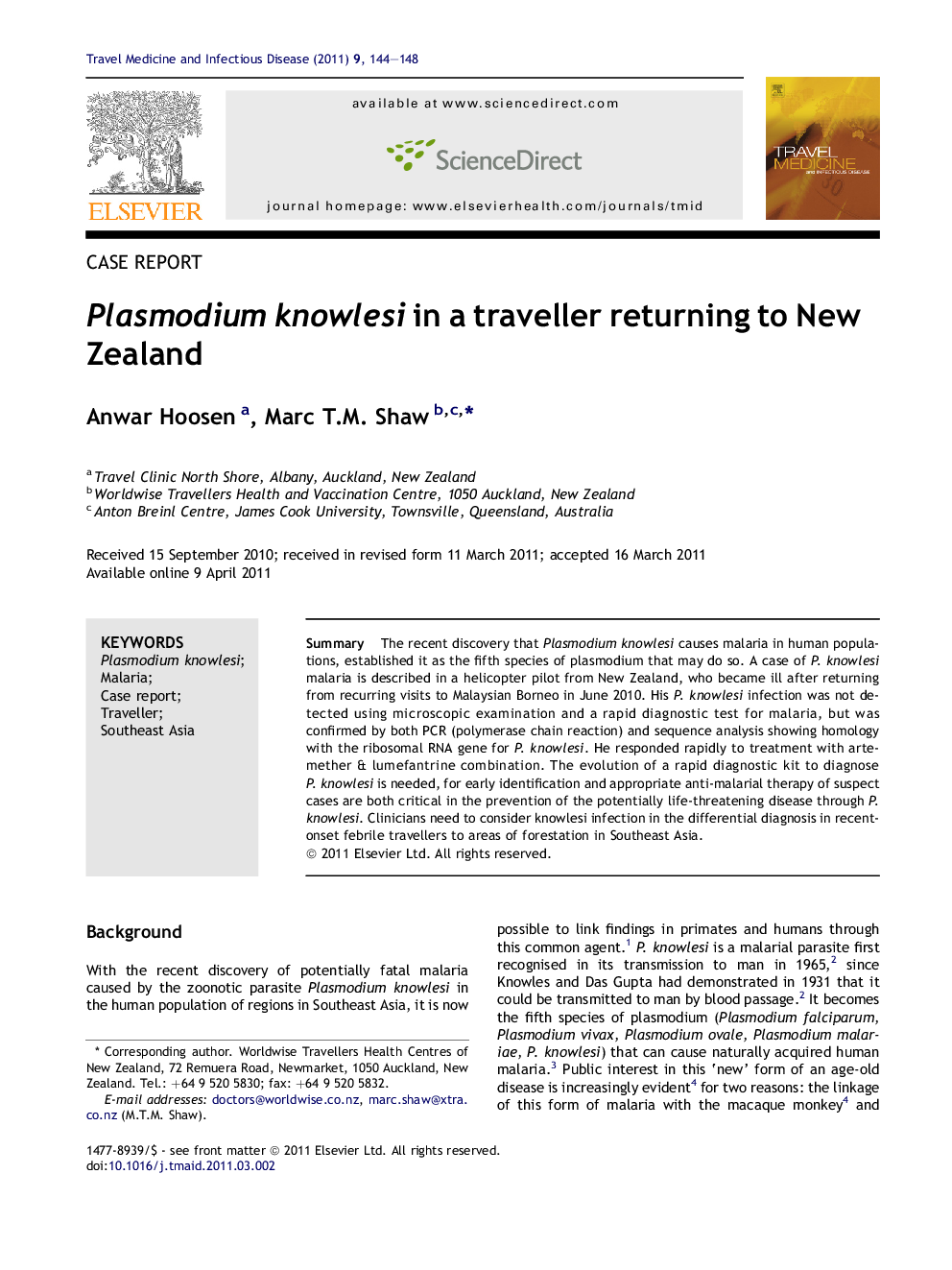 Plasmodium knowlesi in a traveller returning to New Zealand