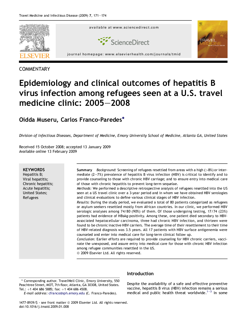 Epidemiology and clinical outcomes of hepatitis B virus infection among refugees seen at a U.S. travel medicine clinic: 2005–2008