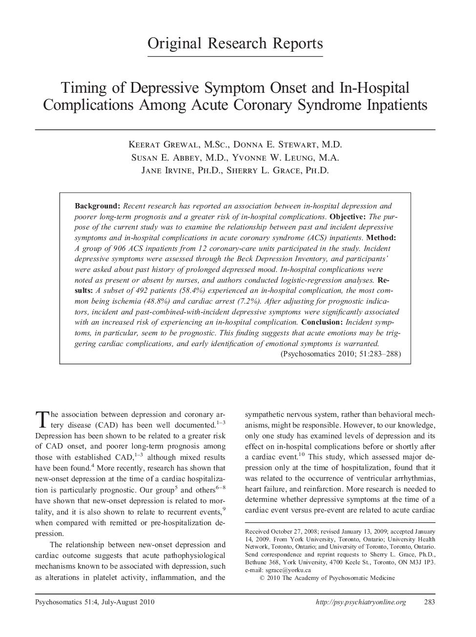 عکس صفحه اول مقاله: Timing of Depressive Symptom Onset and In-Hospital Complications Among Acute Coronary Syndrome Inpatients Timing of Depressive Symptom Onset and In-Hospital Complications Among Acute Coronary Syndrome Inpatients