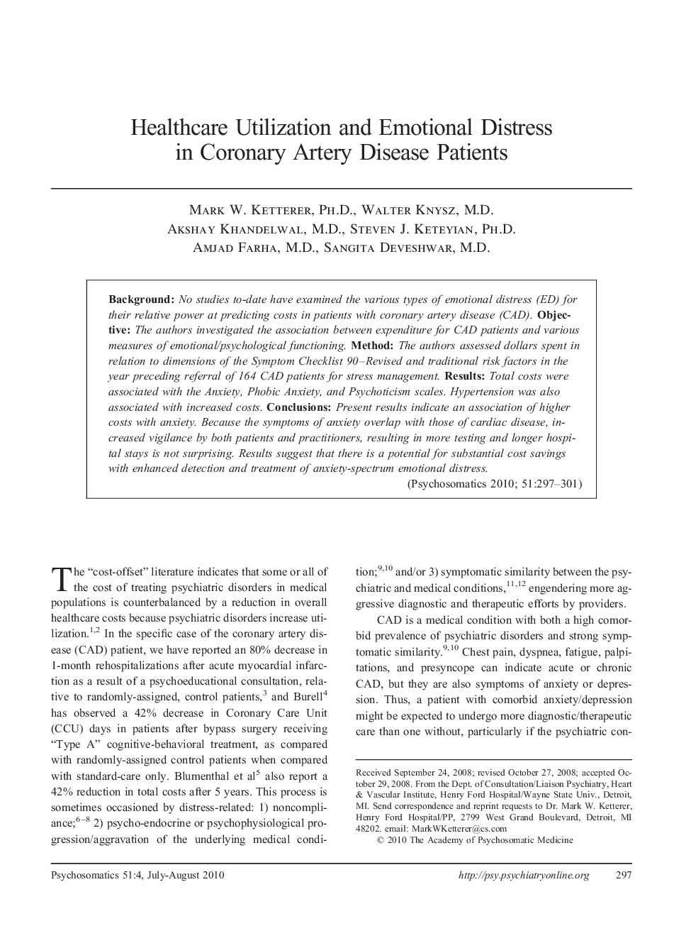 عکس صفحه اول مقاله: Healthcare Utilization and Emotional Distress in Coronary Artery Disease Patients Healthcare Utilization and Emotional Distress in Coronary Artery Disease Patients