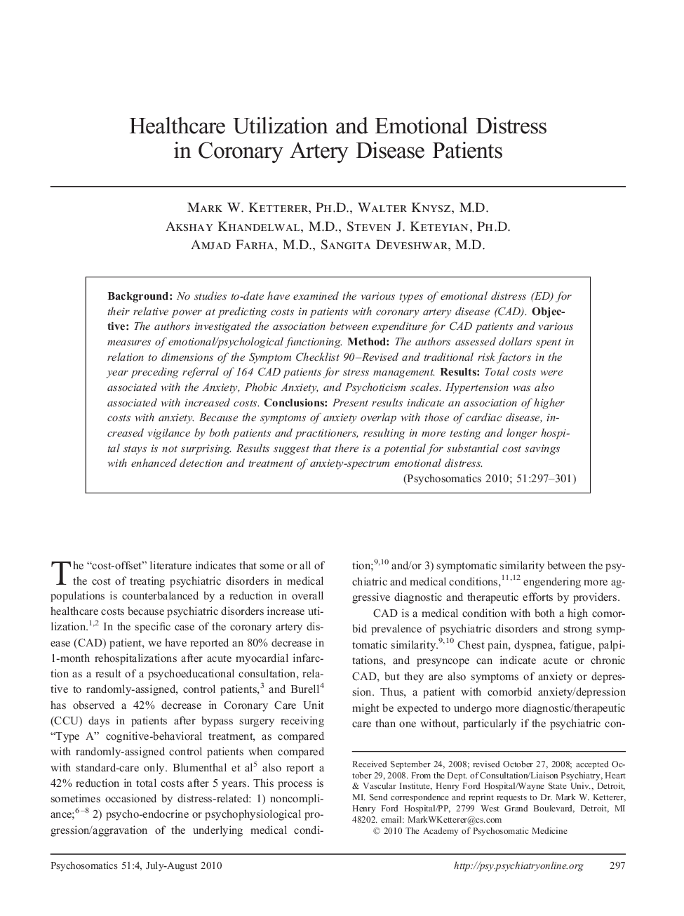 Healthcare Utilization and Emotional Distress in Coronary Artery Disease Patients