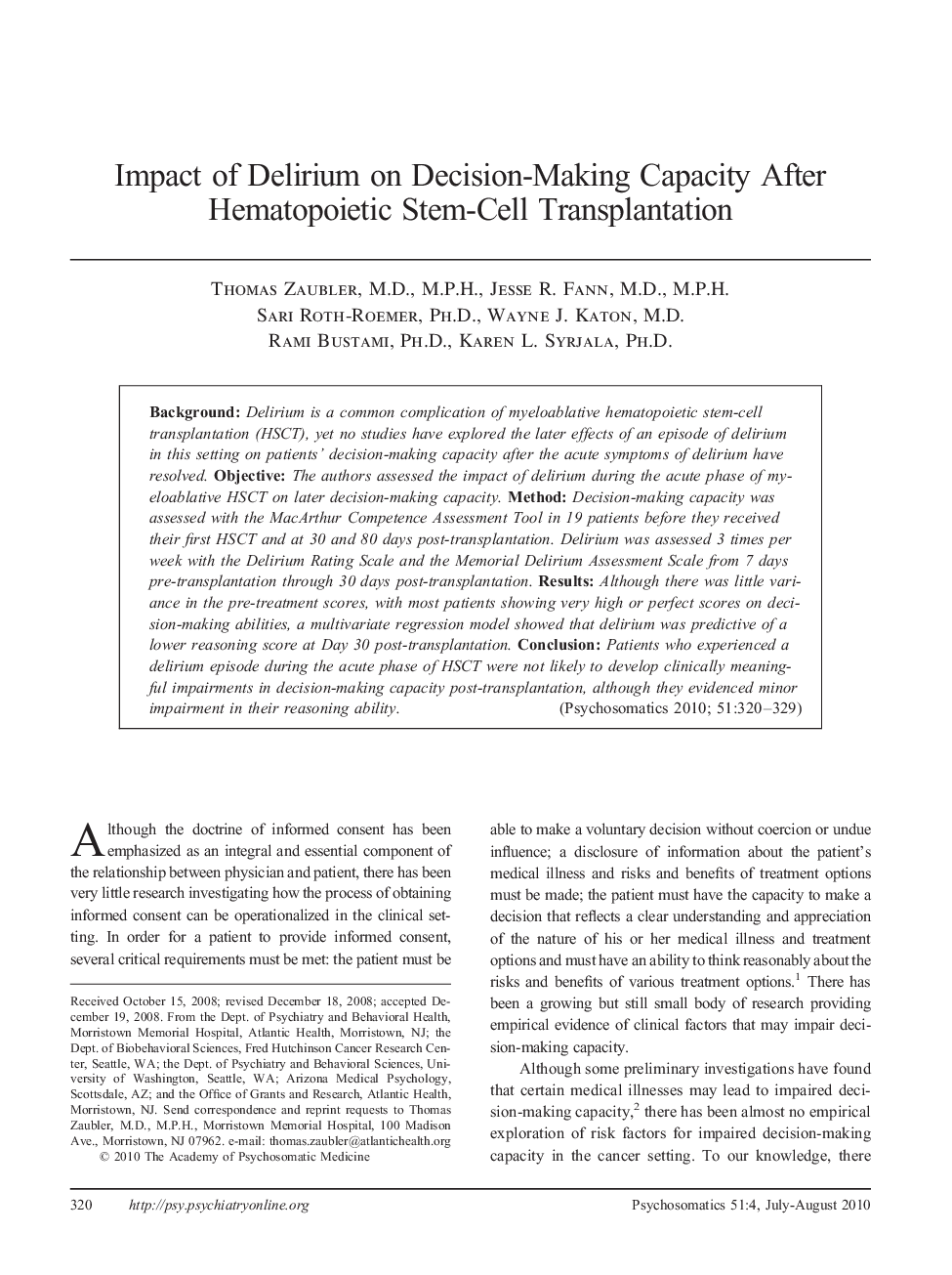 Impact of Delirium on Decision-Making Capacity After Hematopoietic Stem-Cell Transplantation