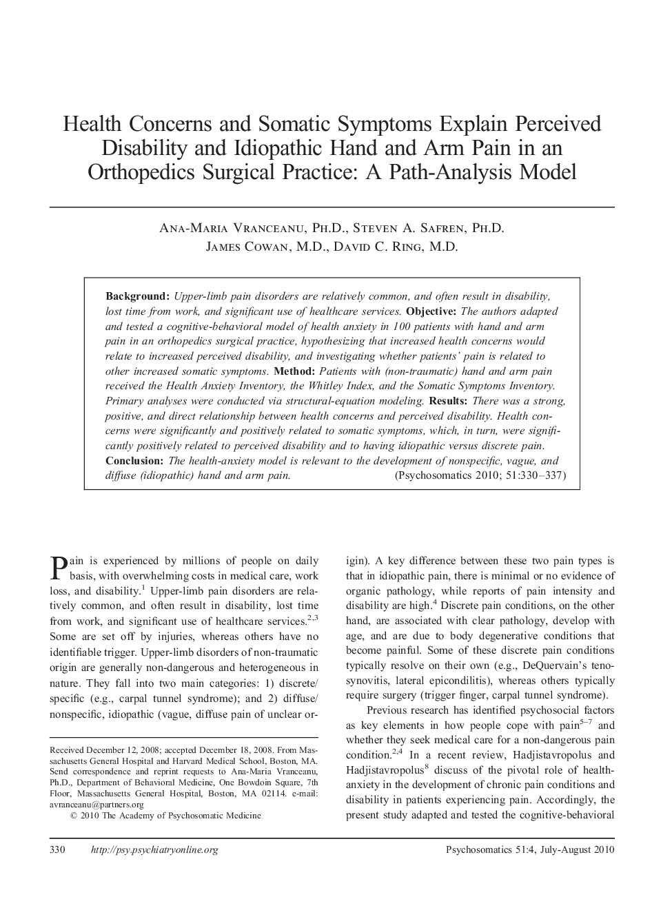 Health Concerns and Somatic Symptoms Explain Perceived Disability and Idiopathic Hand and Arm Pain in an Orthopedics Surgical Practice: A Path-Analysis Model