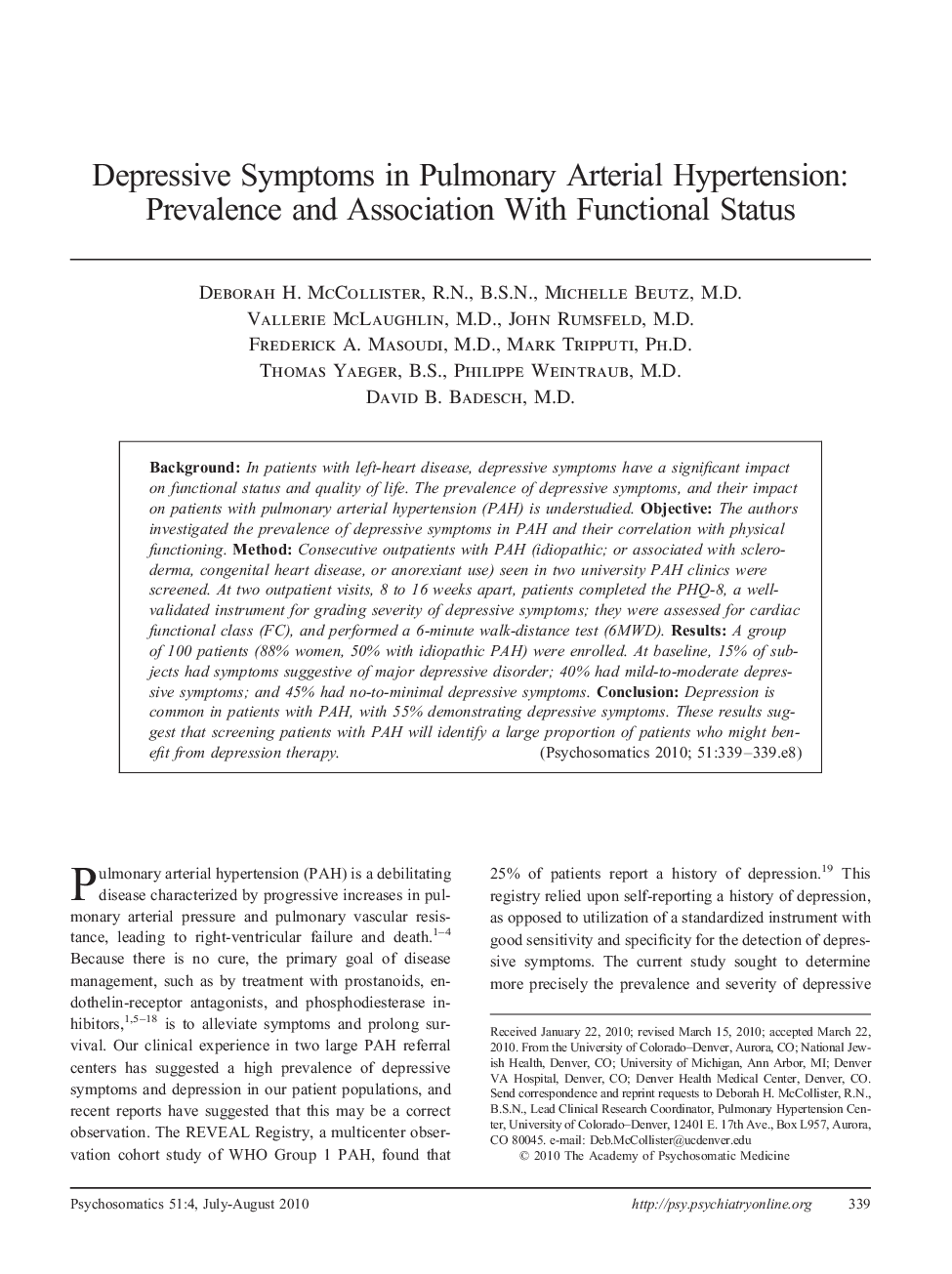 عکس صفحه اول مقاله: Depressive Symptoms in Pulmonary Arterial Hypertension: Prevalence and Association With Functional Status Depressive Symptoms in Pulmonary Arterial Hypertension: Prevalence and Association With Functional Status
