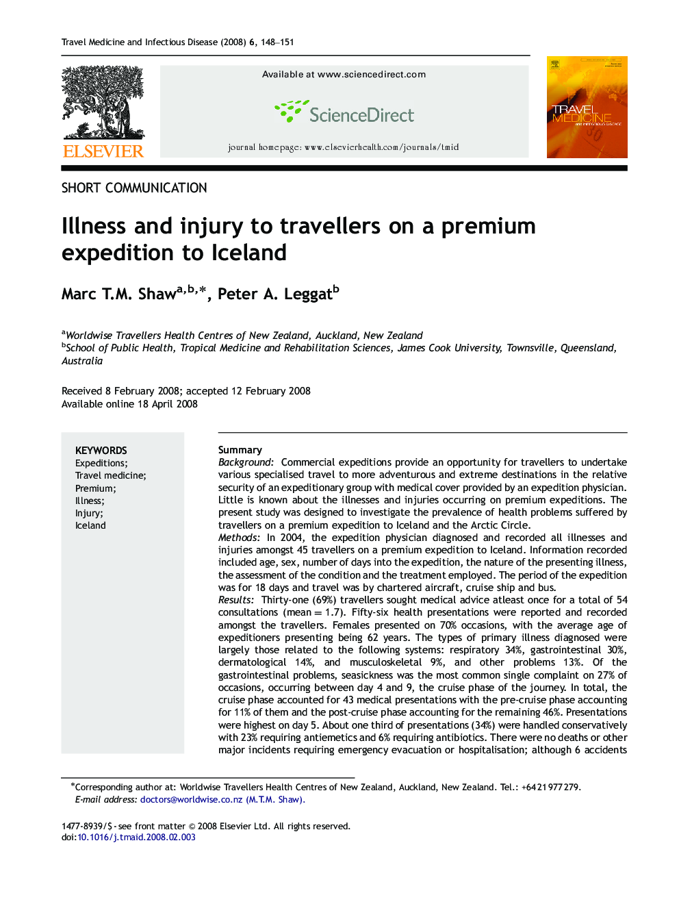 Illness and injury to travellers on a premium expedition to Iceland