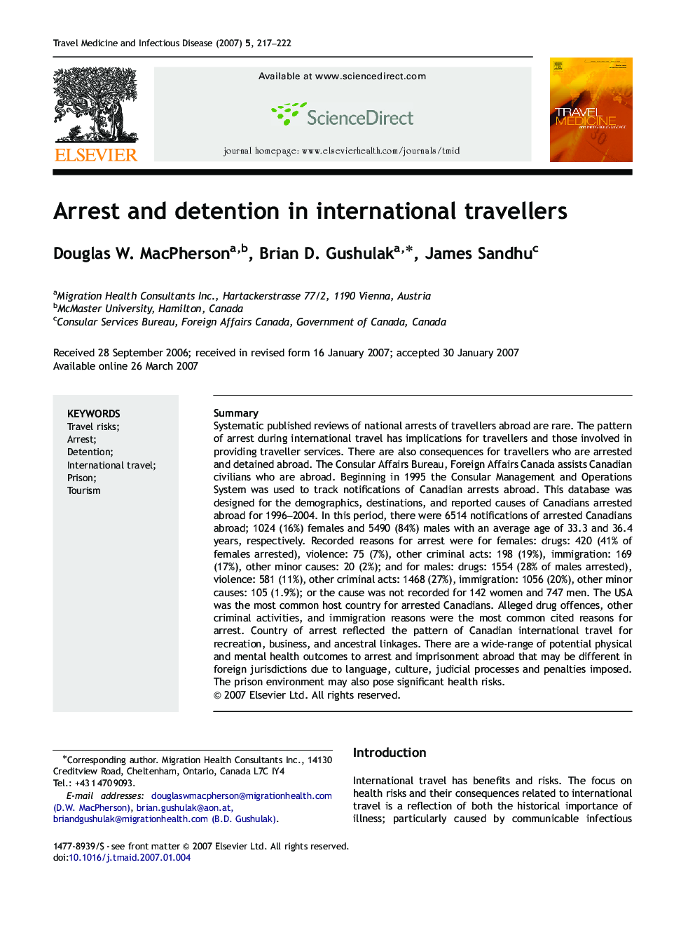 Arrest and detention in international travellers