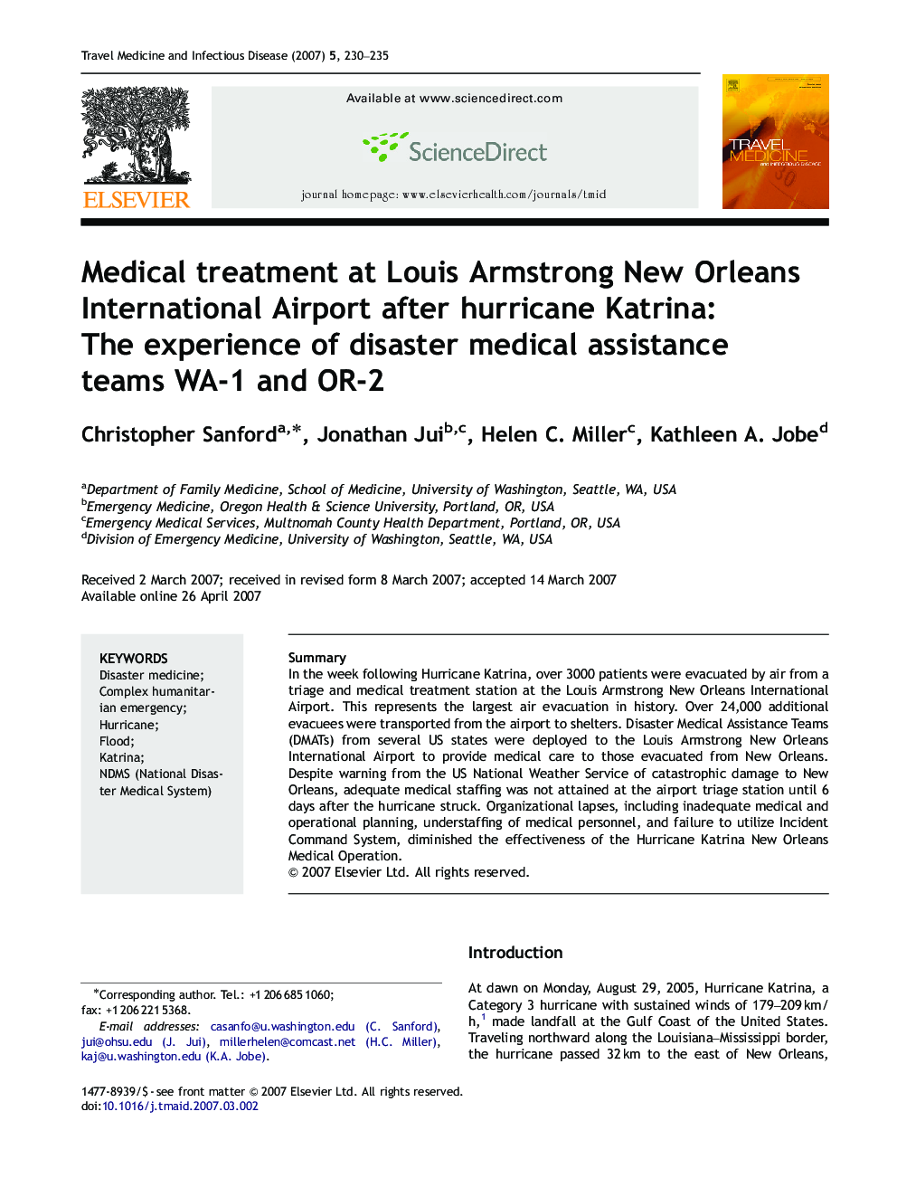 Medical treatment at Louis Armstrong New Orleans International Airport after hurricane Katrina: The experience of disaster medical assistance teams WA-1 and OR-2