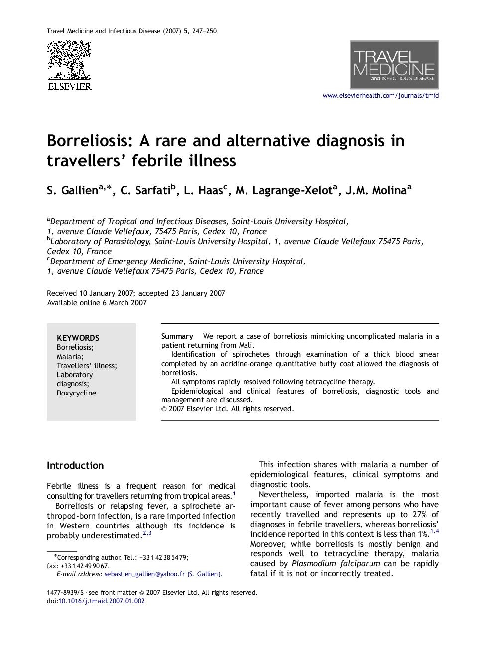 Borreliosis: A rare and alternative diagnosis in travellers’ febrile illness