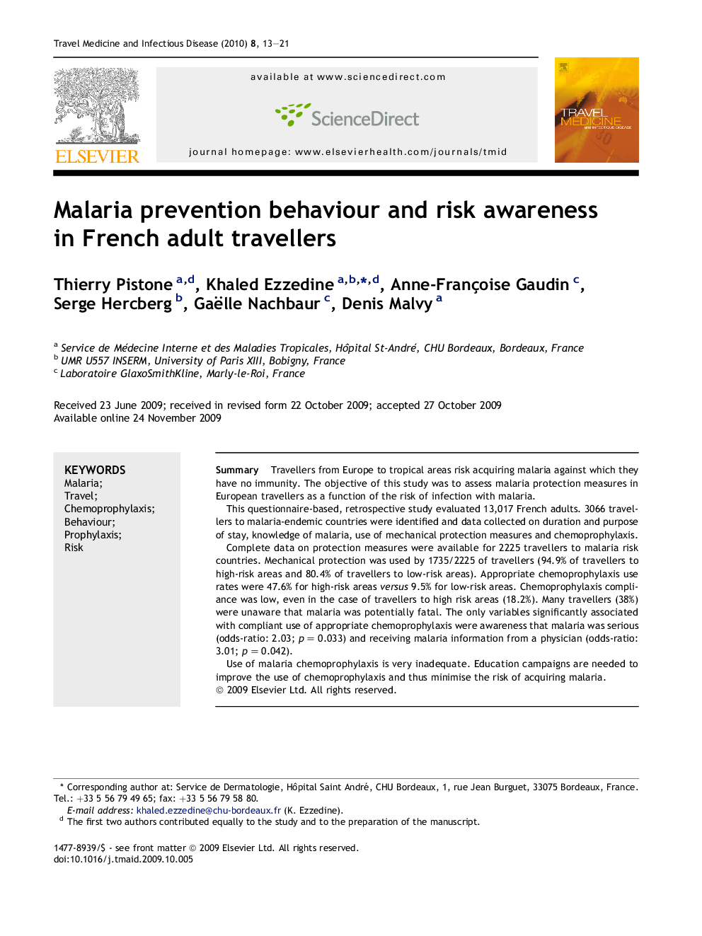 Malaria prevention behaviour and risk awareness in French adult travellers