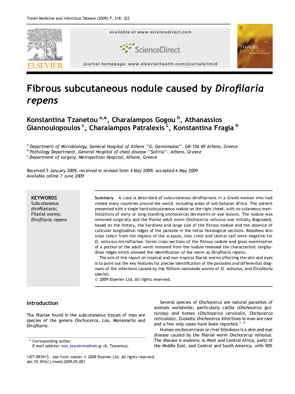 Fibrous subcutaneous nodule caused by Dirofilaria repens